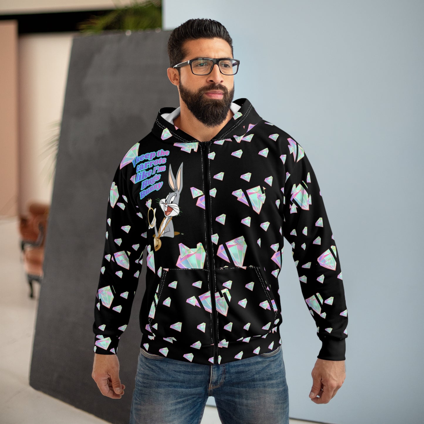 Bugs carrot "I Smell the Future" Zip Hoodie — Retro Cartoon Graphic Hoodie
