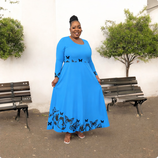 Blue Butterfly Long Sleeve Dance Dress — Women's Floral Skater Gown