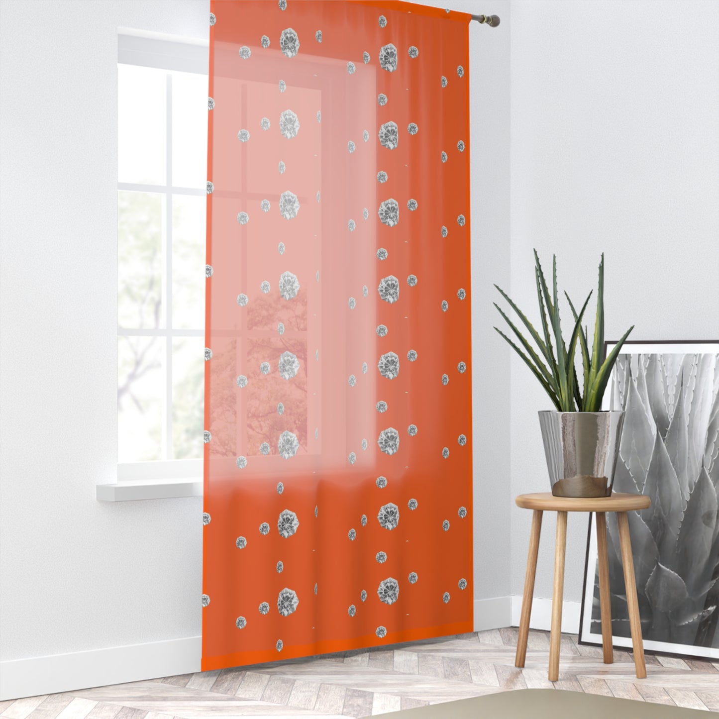 My side-Orange Dandelion Sheer Window Curtain — Modern Floral Polka Dot Drapes