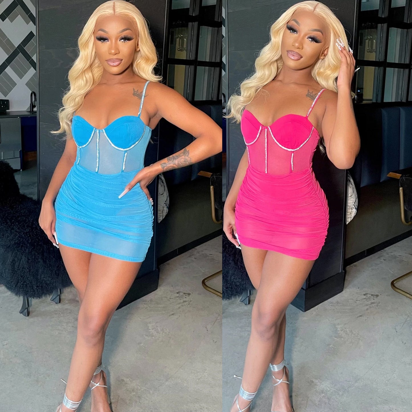 Women's See-Through Pleated Mesh Suspender Dress