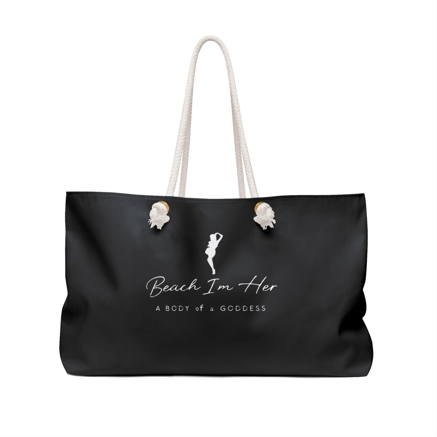 Beach I'm Her black Weekender Bag — 'A Body of a Goddess' Black Tote for Beach Getaways & Travel