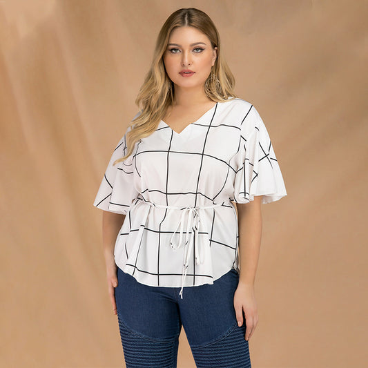 Women's White V-Neck Checkered Blouse with Bell Sleeves