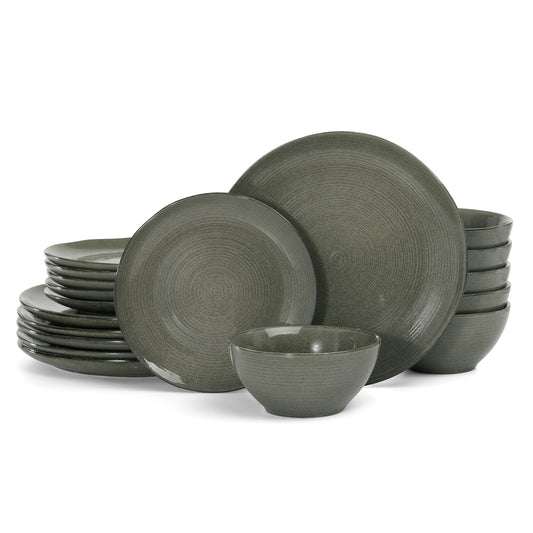 famiware Tempus Plates and Bowls Sets for 6 18 Stoneware Dinnerware Sets Dishes Set Reactive Glaze Dishware Sets Dishwasher & Microwave Safe - Dark Olive