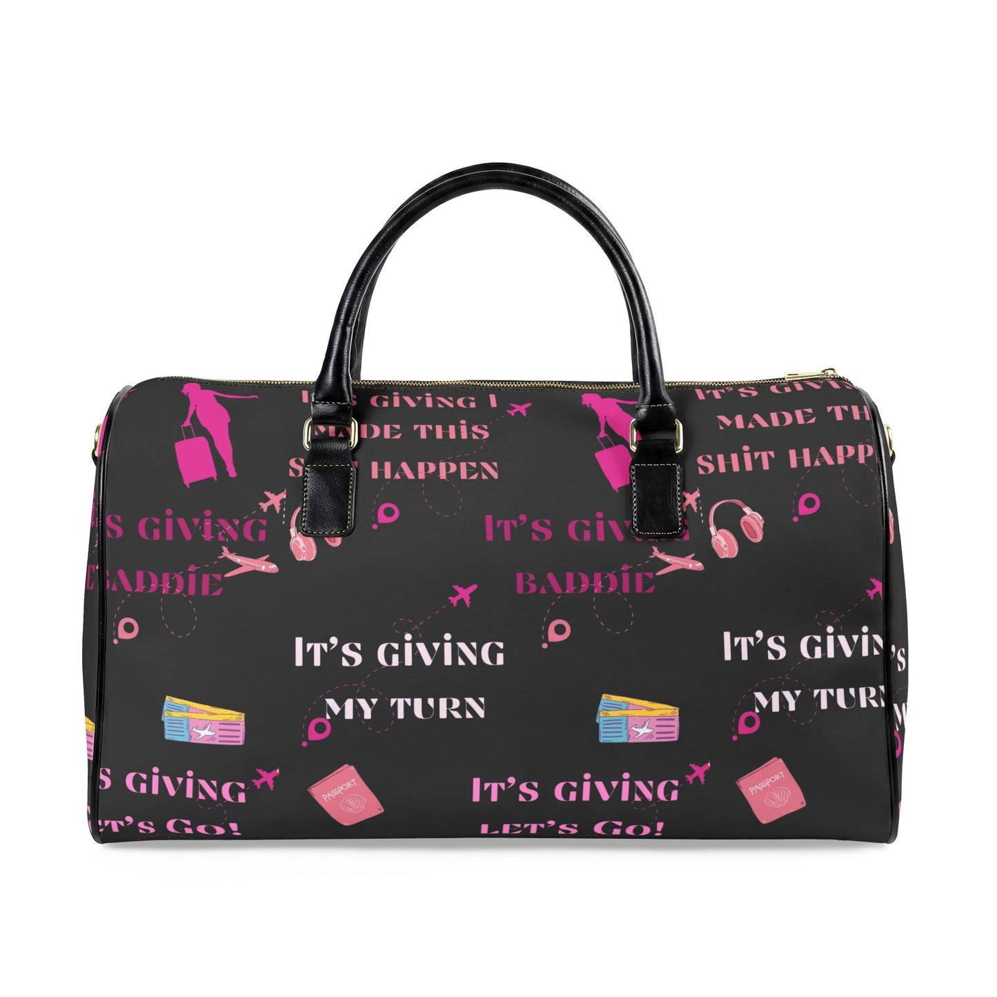Leather Travel Bag — "It's Giving My Turn" Pink Graphic Weekender for Baddies