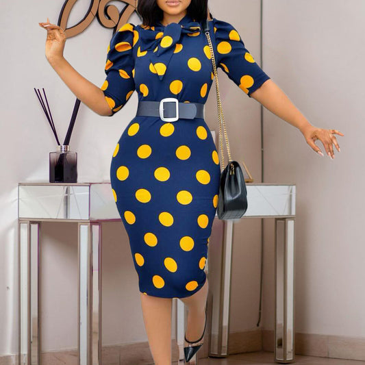 Lace-up Polka Dot Professional Pencil Dress