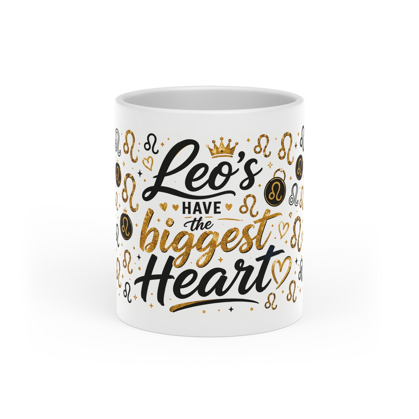 Leo Zodiac Mug — "Leos Have the Biggest Heart" Gold & Black Astrology Coffee Cup