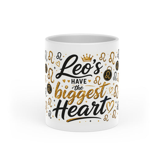 Leo Zodiac Mug — "Leos Have the Biggest Heart" Gold & Black Astrology Coffee Cup