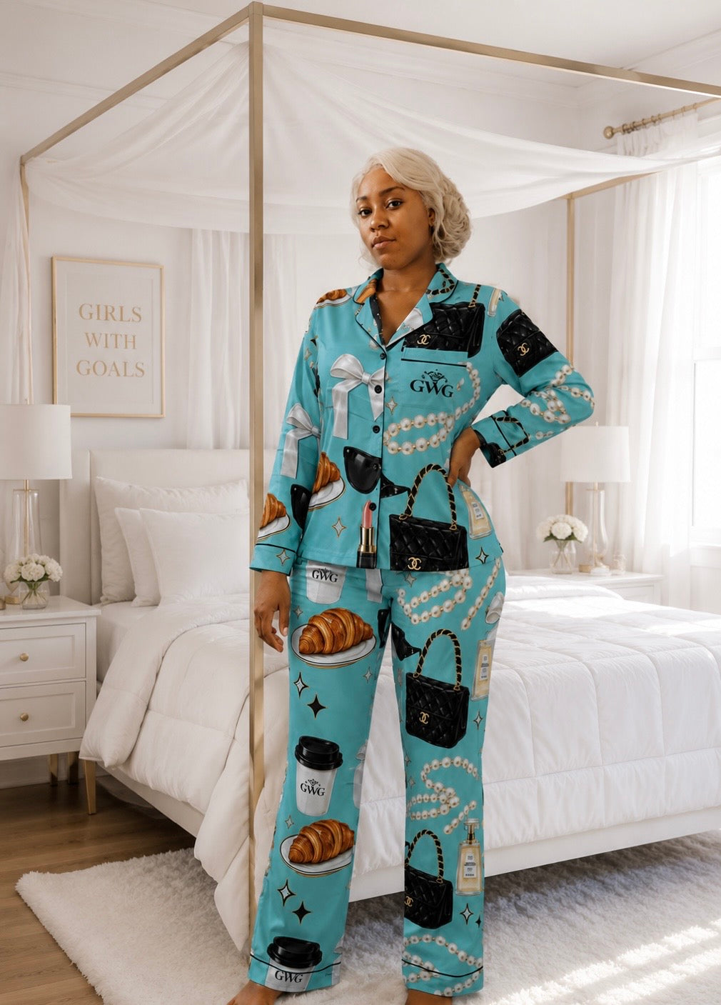 Girls With Goals Satin Pajama Set — Women's Luxury Sleepwear, Teal Motivational Loungewear