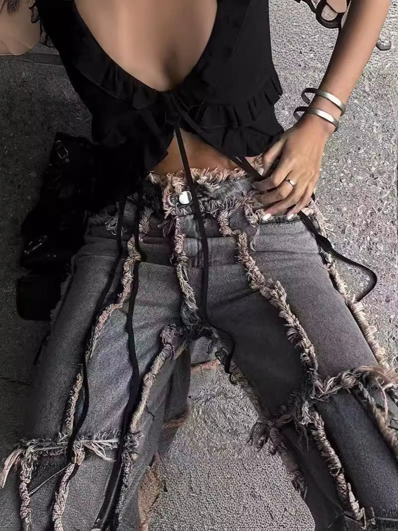 Gray Raw Edge Tie-Dye Jeans for Fashionable Ladies
