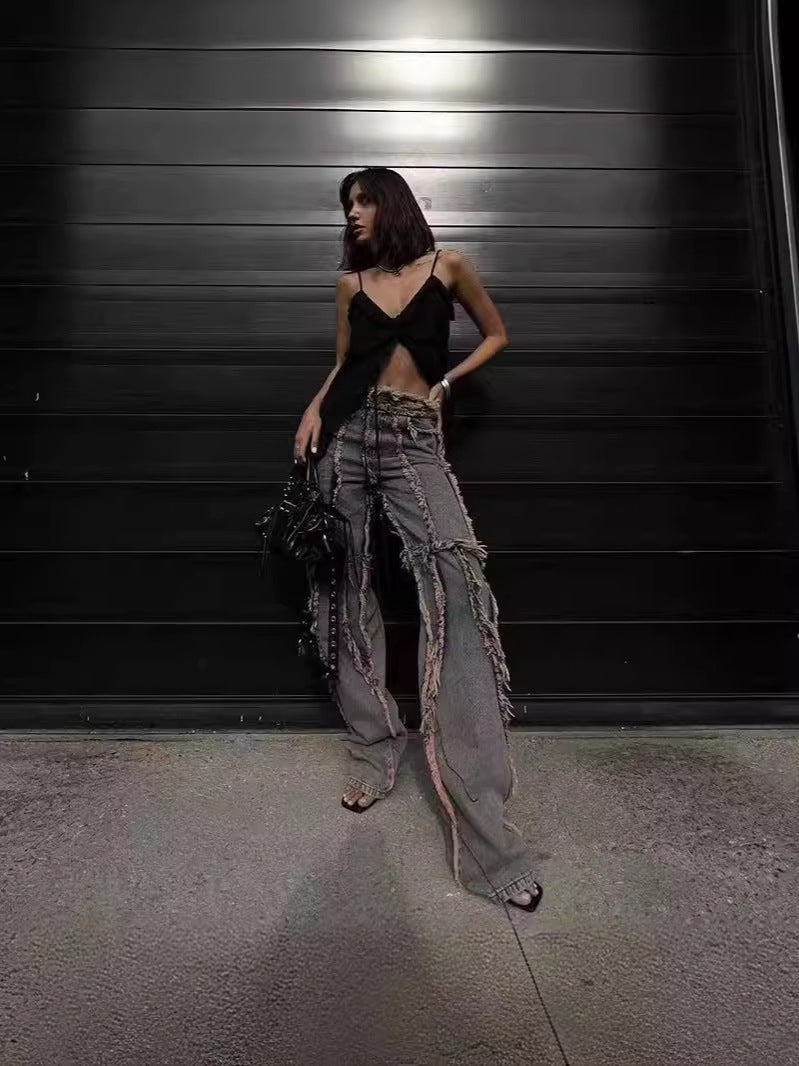 Gray Raw Edge Tie-Dye Jeans for Fashionable Ladies
