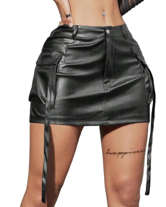 Avanova Women Cargo Faux Leather Mini Skirt Low Rise Pockets Bodycon Sexy Short Skirt Black C Medium Black C Small