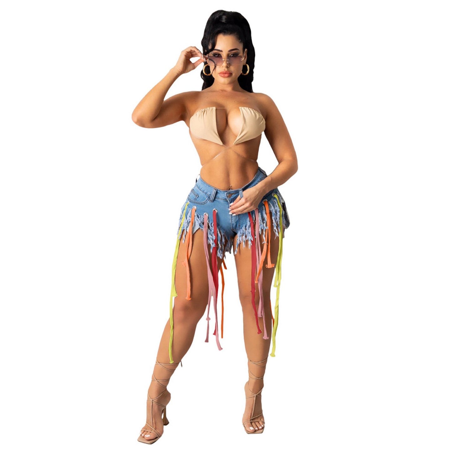 High Elasticity Denim Shorts with Drawstrings