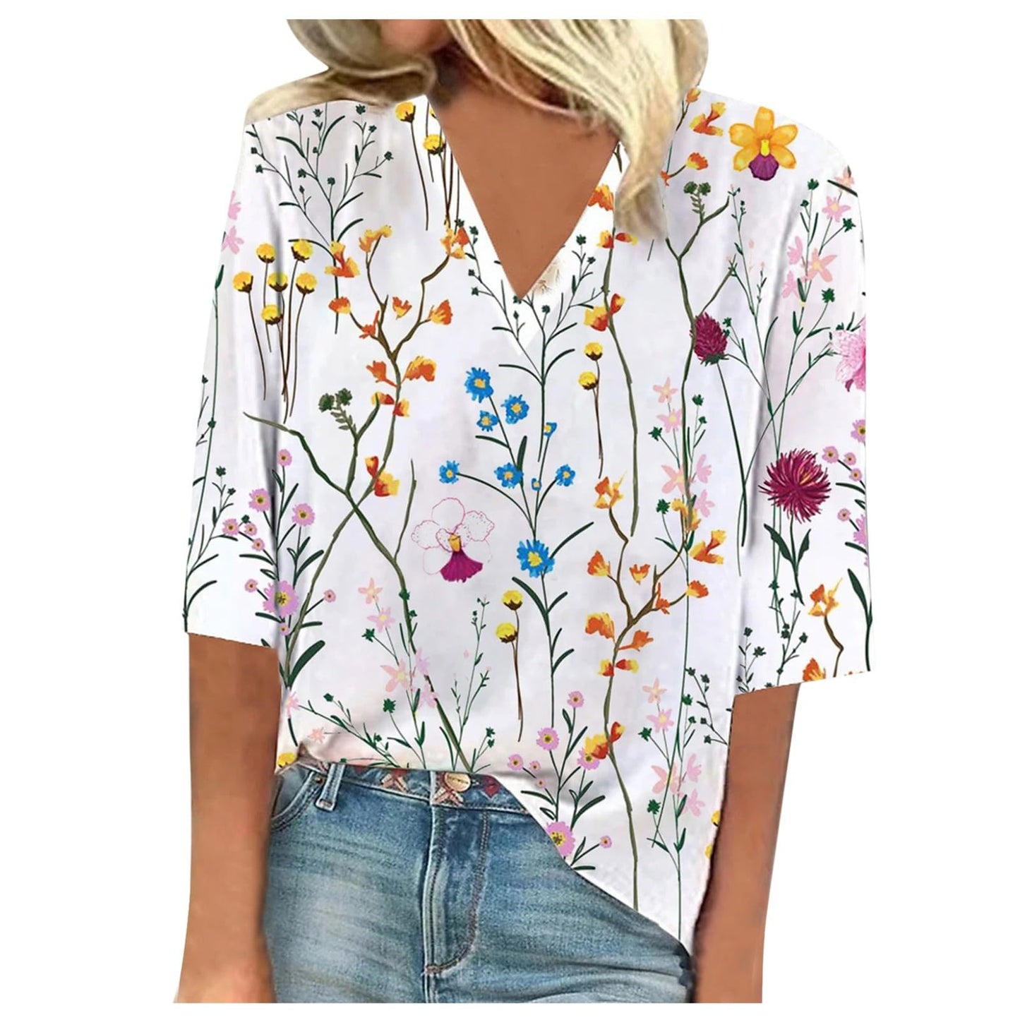 Generic Crop Tops for Women Womens Hawaiian Shirt Womens Blouses Casual 3/4 Sleeve Shirt Ladies Blouse V-Neck Tunic Dressy 2026 Tee Print Casual Fashion Tshirt Breathable Summer Tops (WhiteSmall)