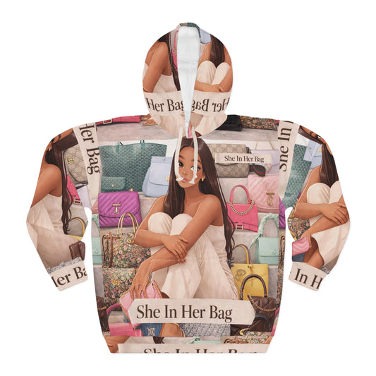 All-Over Print Hoodie — 'She In Her Bag' Fashion Illustration Pullover
