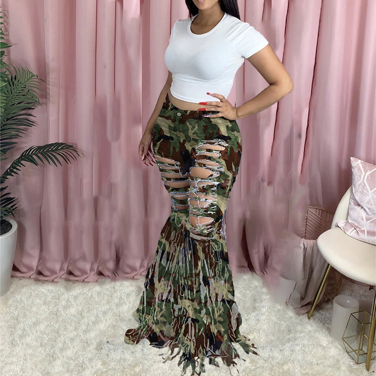 Women's Casual Flared Tassel Denim Trousers