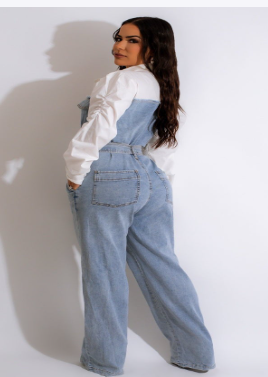 Plus Size Casual Denim Stitching Jumpsuit