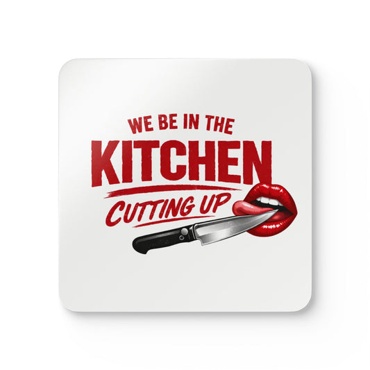 Kitchen Cutting Up Corkwood Coaster Set – Funny Chef Lips & Knife Drink Coasters