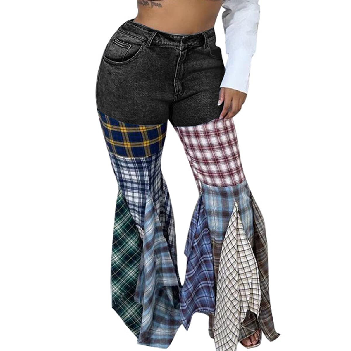 ThusFar Women High Waist Patchwork Flare Jeans Plaid Bell Bottom Ruffle Hem Denim Long Pants Trousers