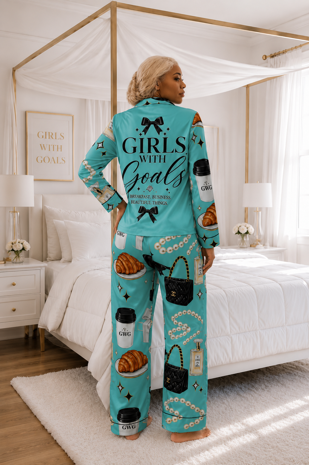 Girls With Goals Satin Pajama Set — Women's Luxury Sleepwear, Teal Motivational Loungewear
