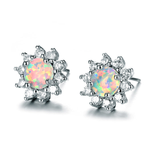Fashionable Opal Stud Earrings in 925 Silver with Zirconia
