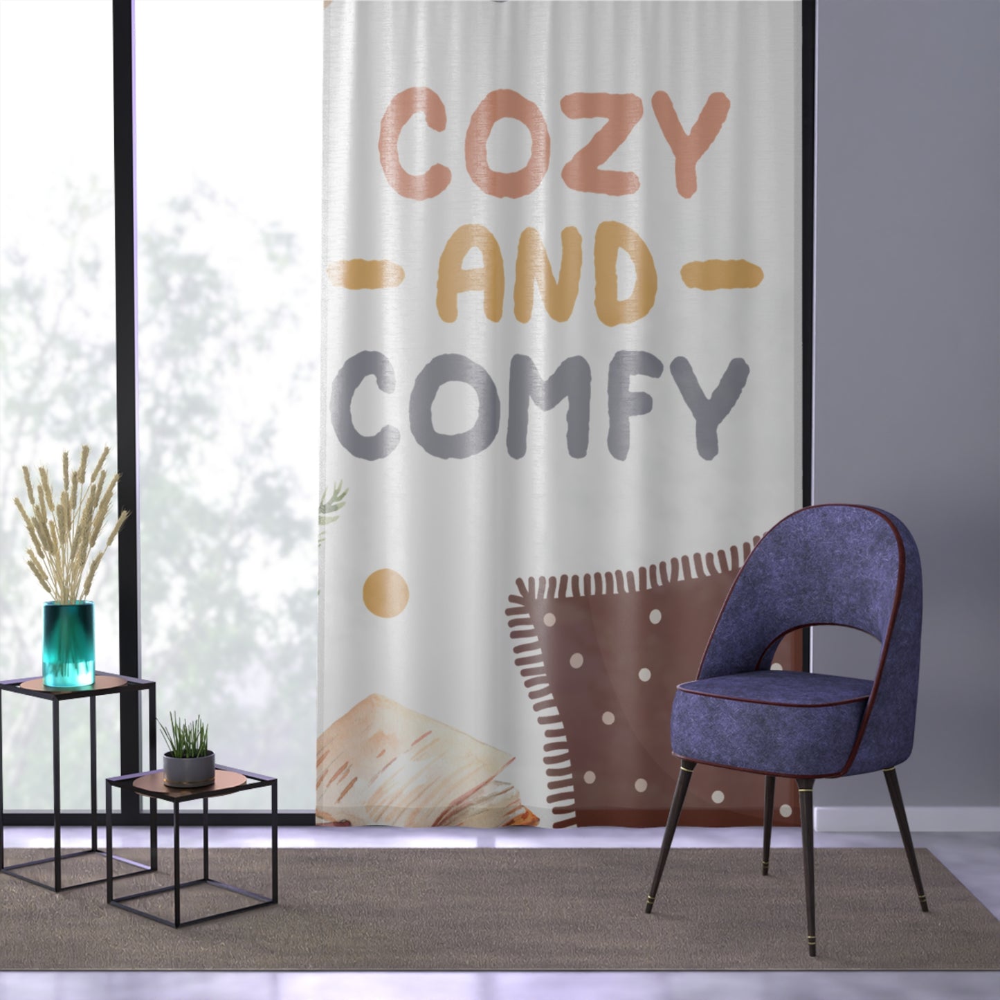 Cozy & Comfy Pattern Window Curtain – Cute Cat, Book & Coffee Sheer Drapes