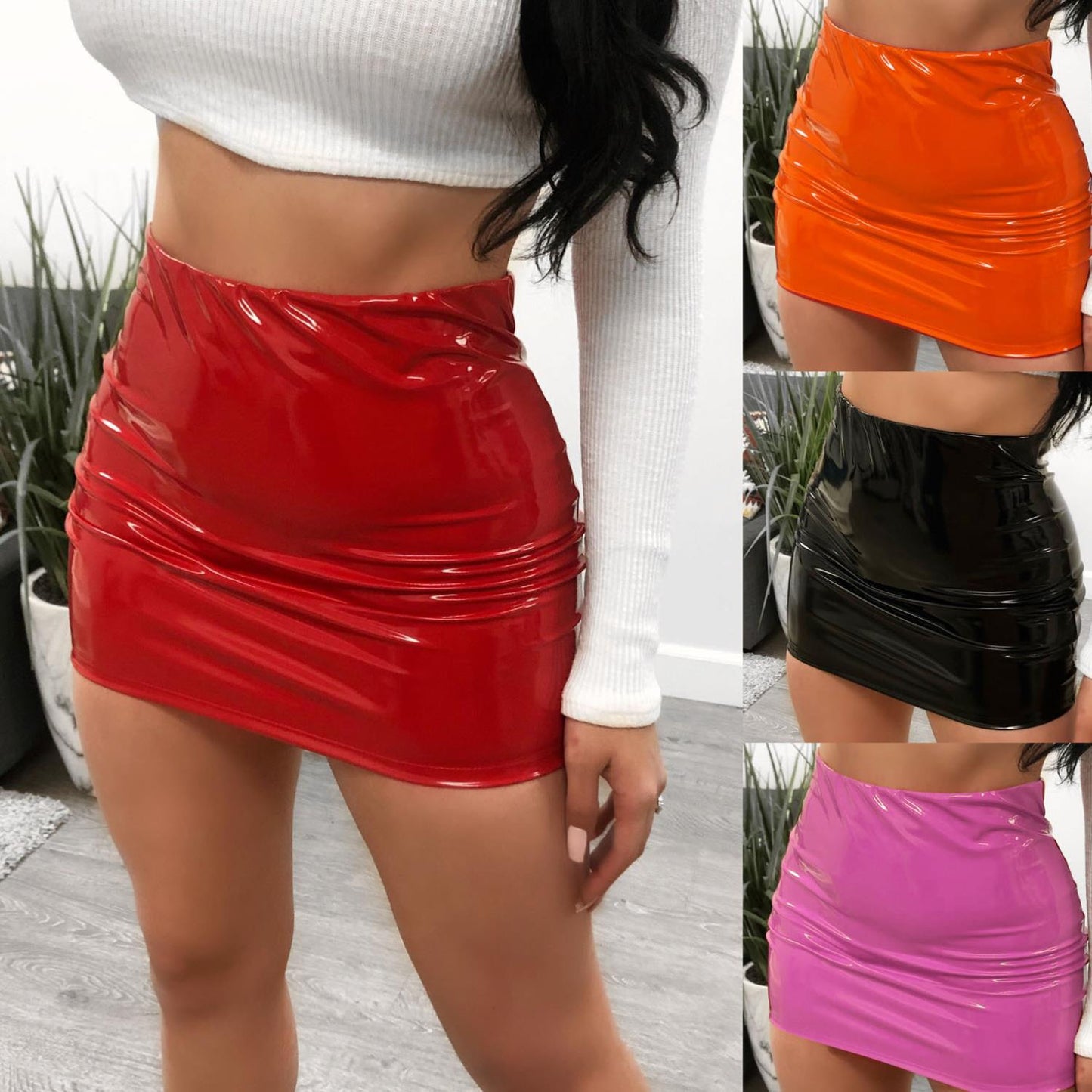 Bright Leather Bag and Half Length Miniskirt