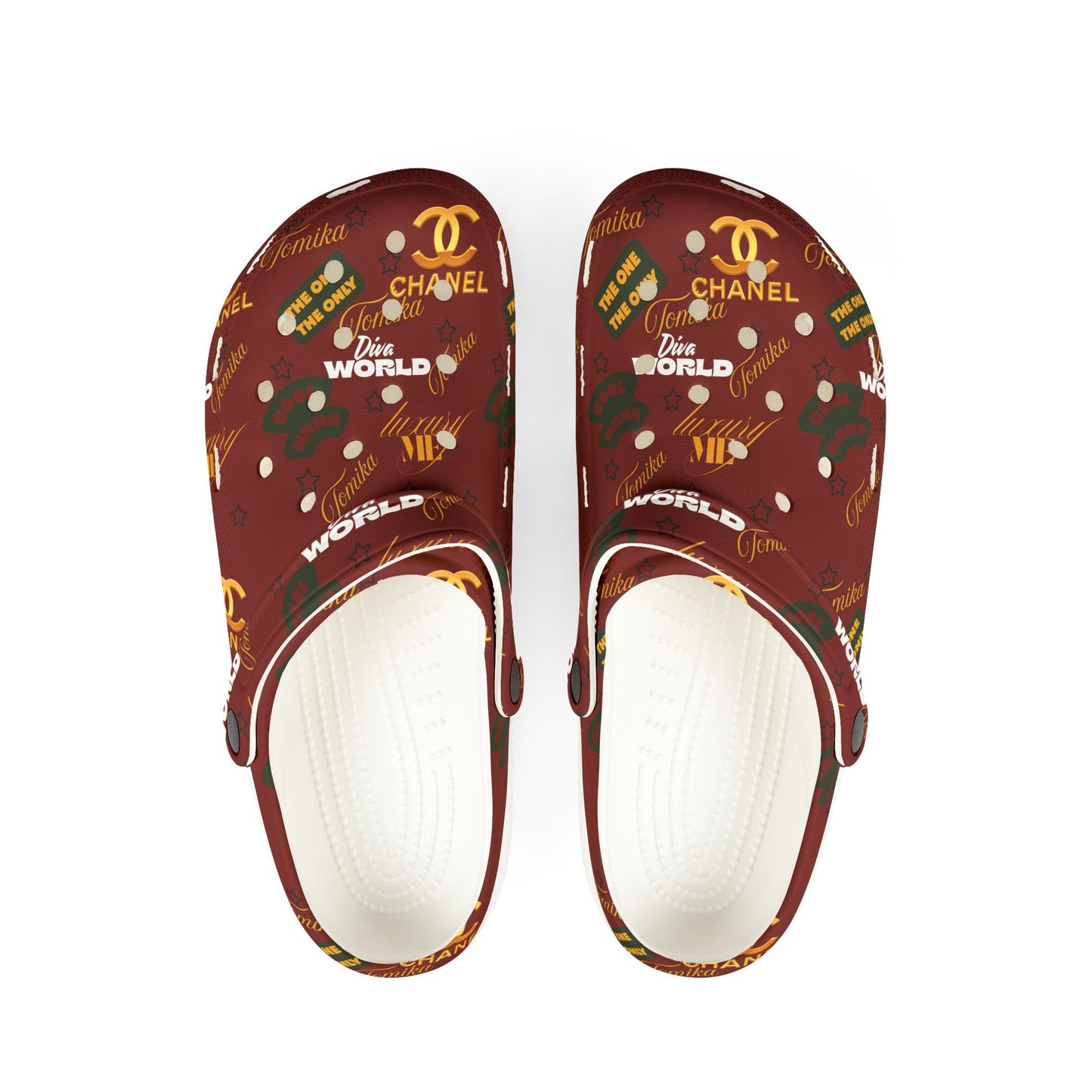 Tomika EVA Foam Clogs — Burgundy All-Over Print 'Chanel' Bee World Comfort Clogs