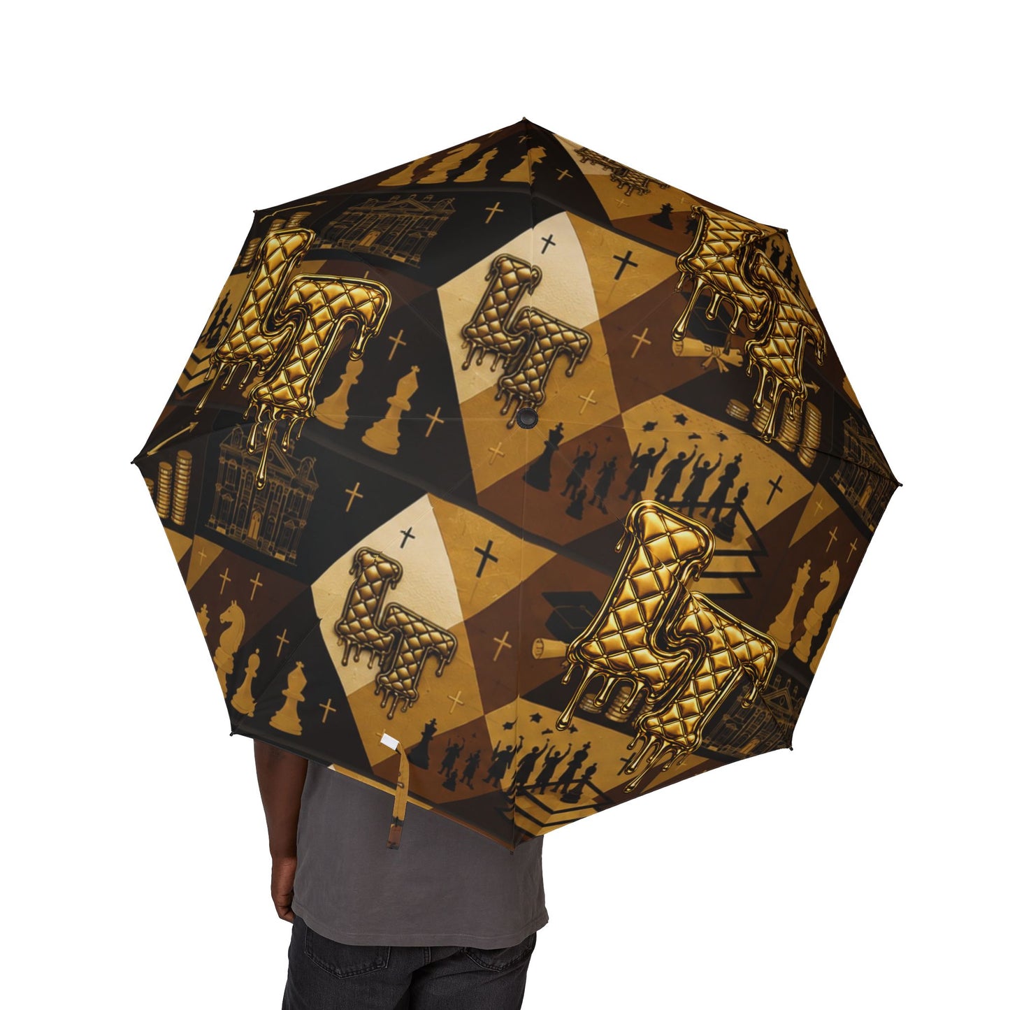 L&T Foldable Umbrella — Gold Geo Shield Pattern, Semi-Automatic Compact Rain Umbrella