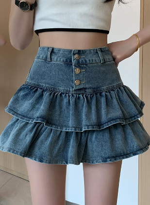 Retro Ruffled Denim Skirt for Women