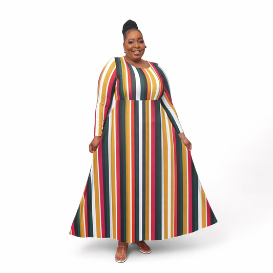 Striped Vintage Fiesta Dance Dress — Long Sleeve A-Line Midi