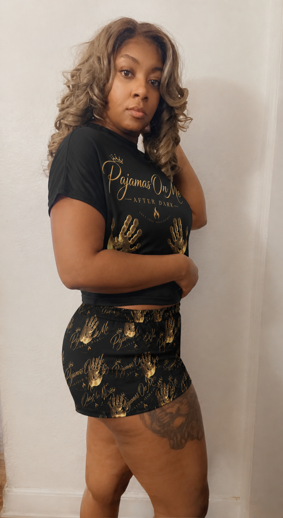 Pajamas On Me Women's Short Pajama Set — Black & Gold Handprint Sleepwear