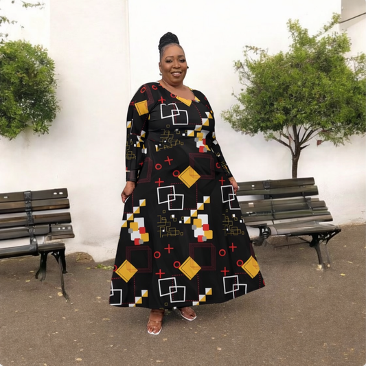 Geometric Retro Dance Dress — Women's Long Sleeve AOP