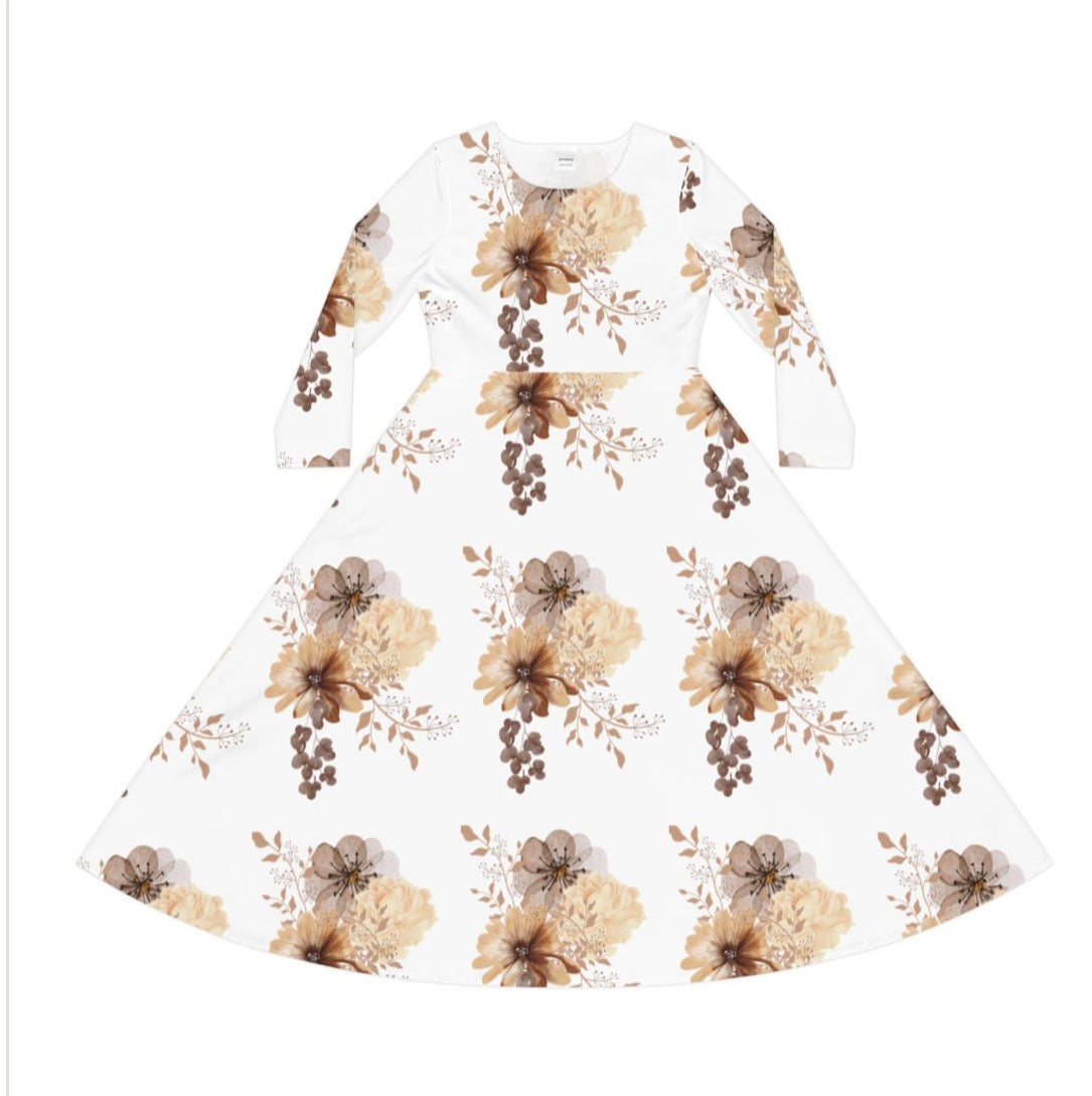 Floral Long Sleeve Dance Dress — Beige Watercolor Bouquet AOP