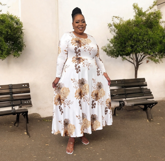 Floral Long Sleeve Dance Dress — Beige Watercolor Bouquet AOP