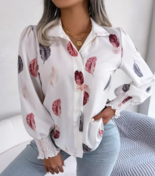 2026 Women's Autumn Winter Feather Print Blouse Shirt