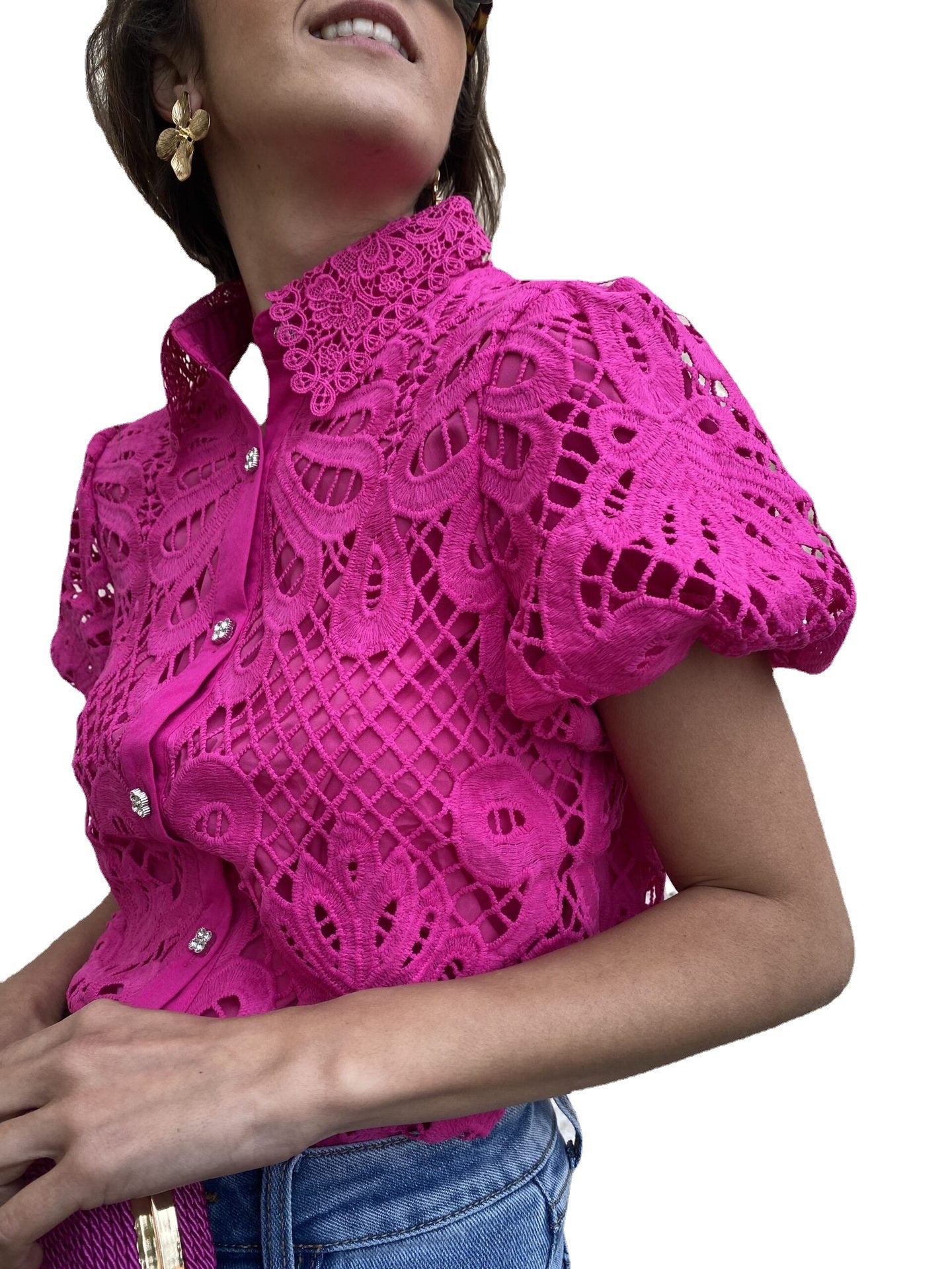 Fashion Lace Cardigan with Puff Sleeve Blouse