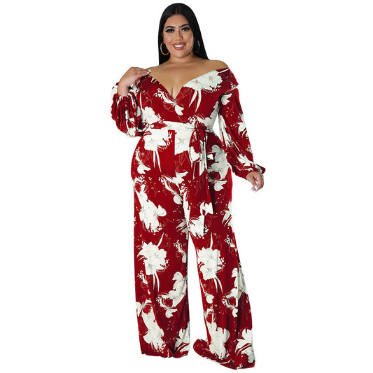 Plus Size 5XL Off Shoulder Floral Jumpsuit Outfit