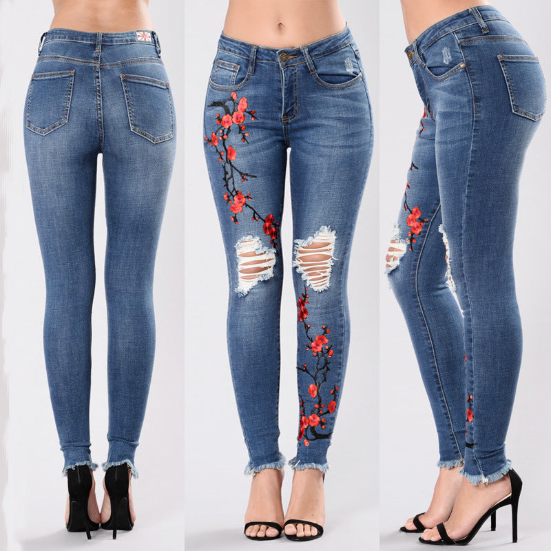 Embroidered Ripped Denim Long Pants