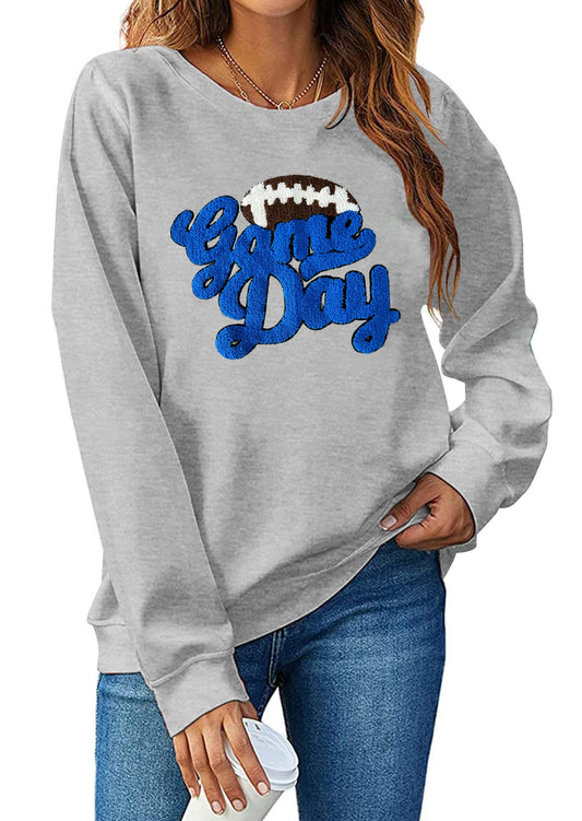 YALUCOR Women Football Sweatshirt Gameday Pullover Shirt Casual Football Mom Tops Hoodie Football Season Chenille Patch Tops