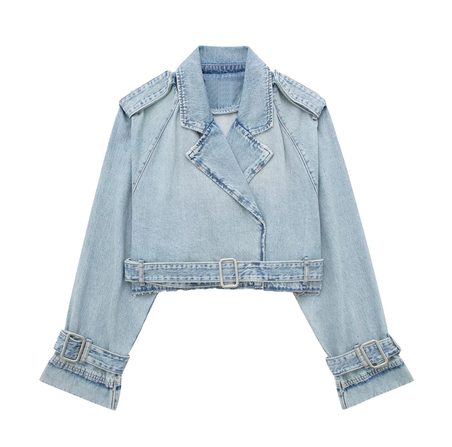 French Style Slim-Fit Denim Windbreaker Blouse with Belt