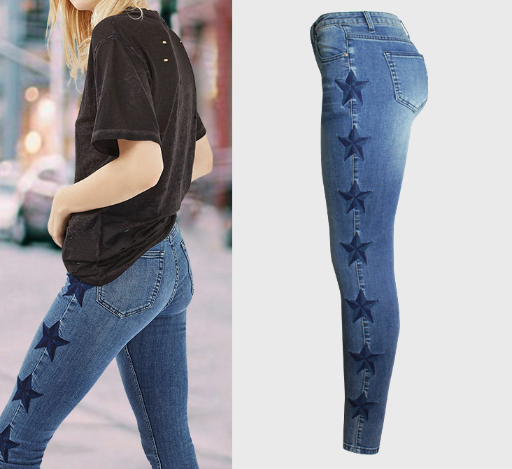 Embroidered Star Denim Cropped Pants