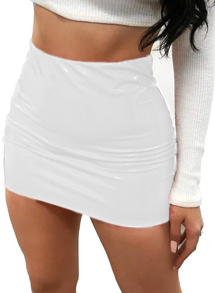 Bright Leather Bag and Half Length Miniskirt