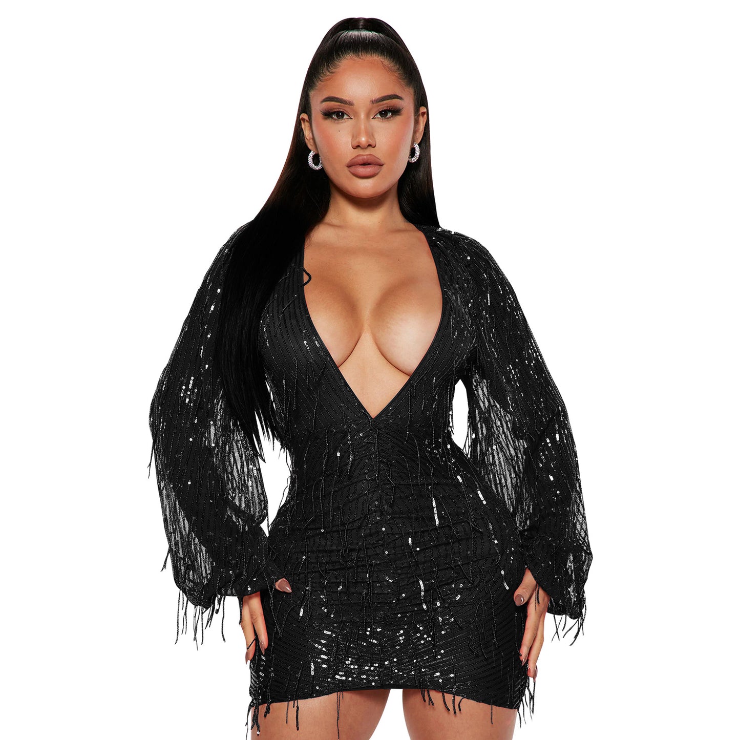 V-neck Sequin Tassel Dress for Women
