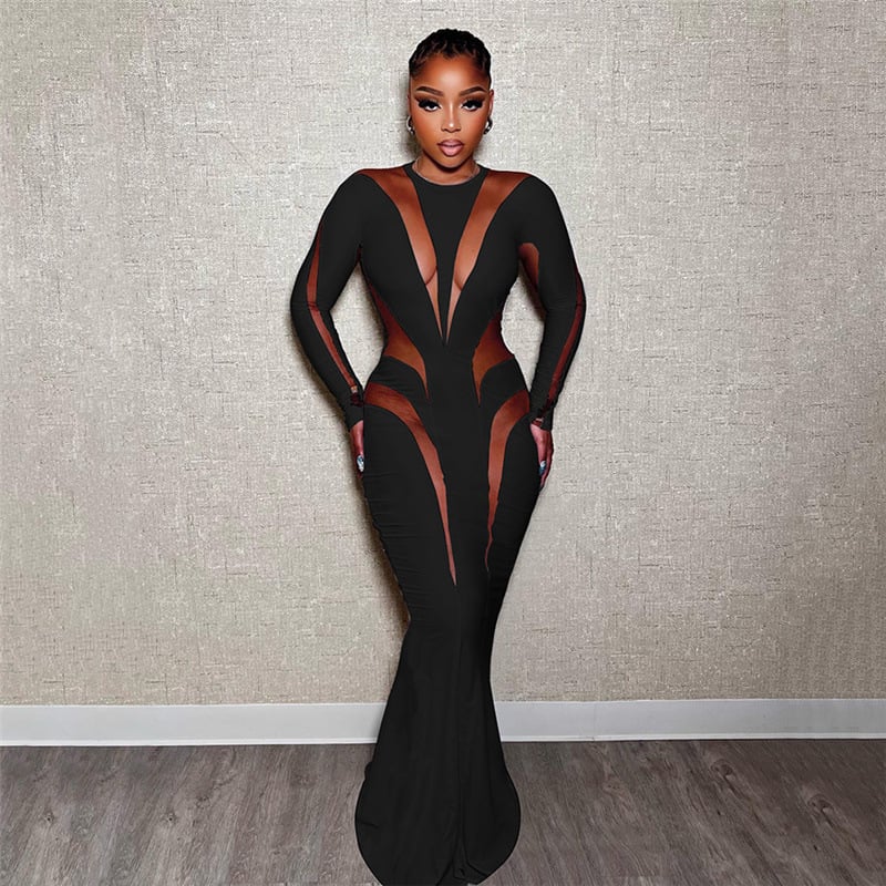 Elegant Slimming Solid Color Mesh Stitching Dress