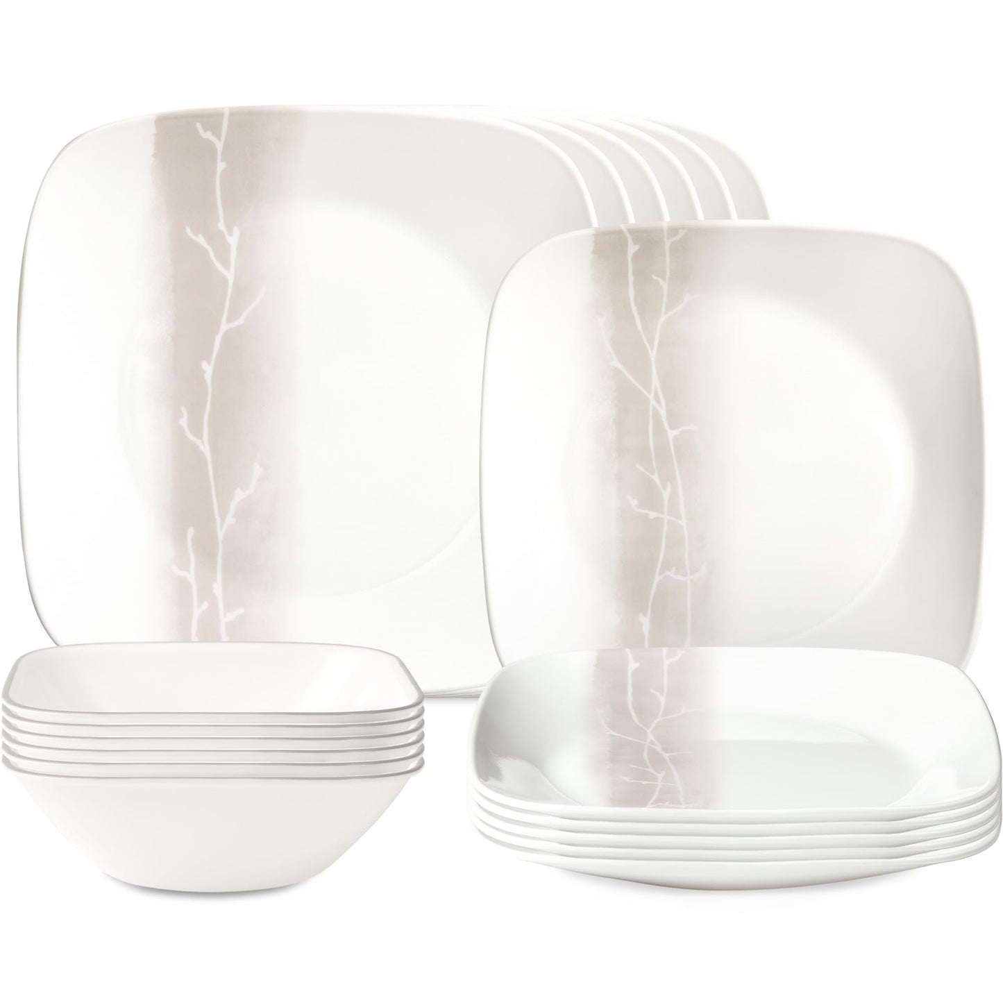 Corelle Vitrelle 18 Piece Glass Dinnerware Sets Rectangular Square Plate and Bowl Set Service for 6 Triple Layer Chip & Crack Resistant Glass Plate and Bowl Sets Wandering Grove