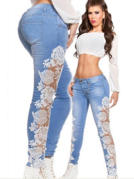Lace Detail Sheer Stitching Jeans