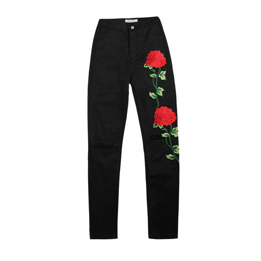 Embroidered and Ripped Denim Jeans