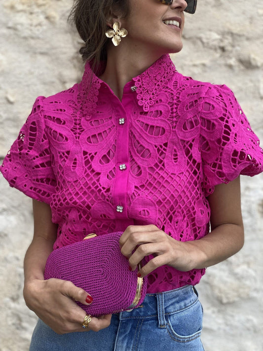 Fashion Lace Cardigan with Puff Sleeve Blouse