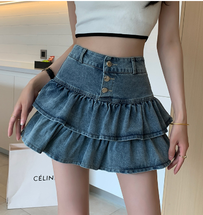 Retro Ruffled Denim Skirt for Women