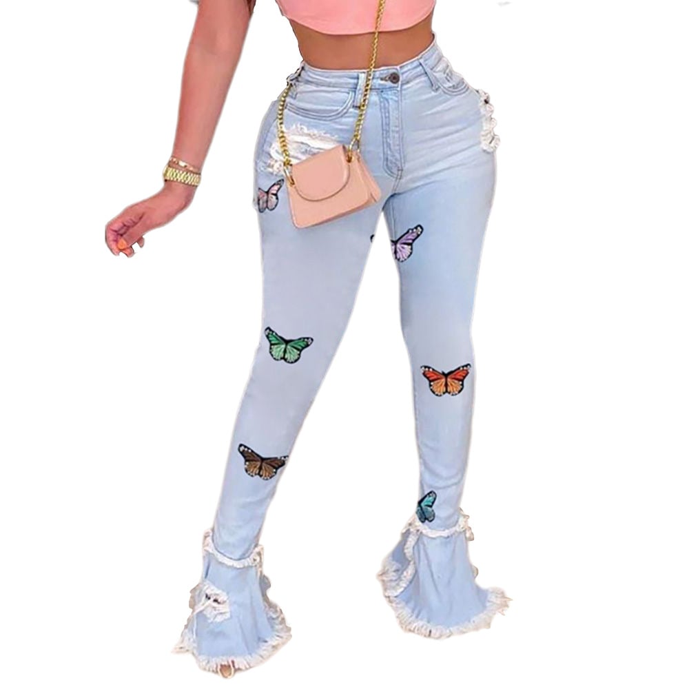 Embroidered Butterfly Ruffled Denim Trousers